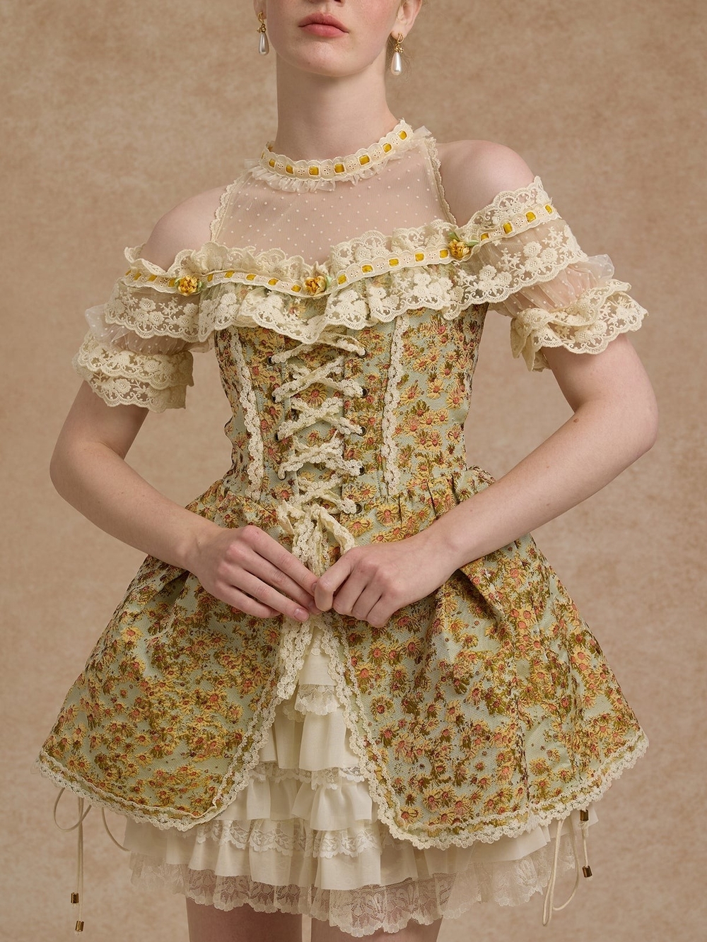 Lace Made Sunflower Corset Dress Lalilure Vintage Floral Lace-Up - Picture 2 of 3
